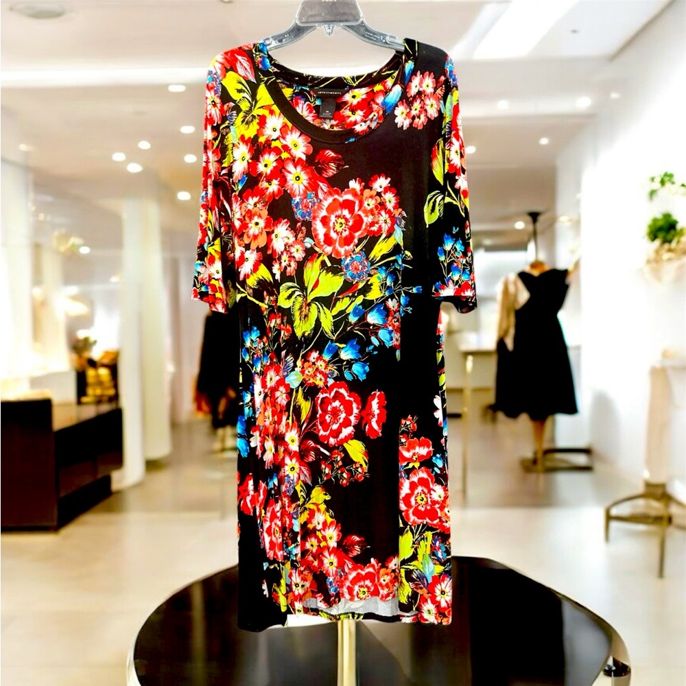 Investments Black Floral Knit Swing All Season Dress Size XL